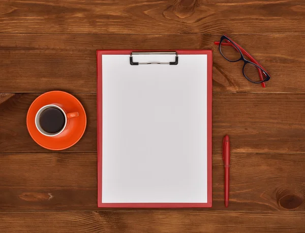 Blank clipboard on wooden table, top view. — Stock Photo, Image