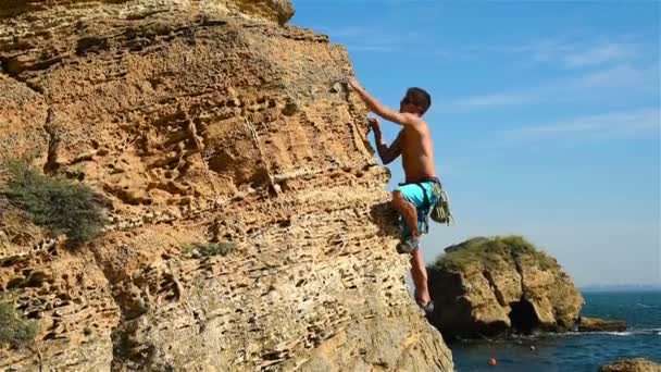 Extrembergsteiger hebt die Hände auf dem Gipfel des Berges — Stockvideo