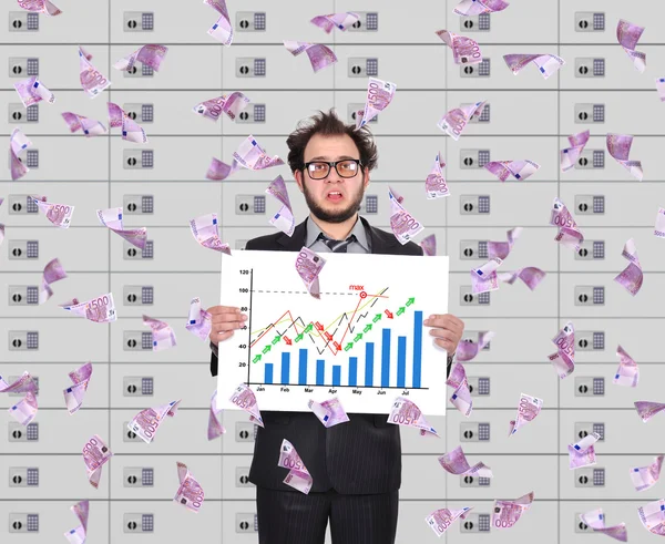 Frustrated trader holding placard with drawing stock chart. Falling euro banknote — Stock Photo, Image