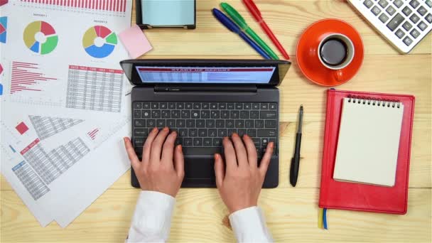 Przedsiębiorcy Kobieta pisania na laptopa sprawozdanie finansowe. Od góry — Wideo stockowe