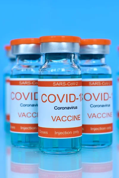 Covid Vaccine Glass Bottles Table Epidemic Pharmaceutical Industry Concept Close — Stock Photo, Image