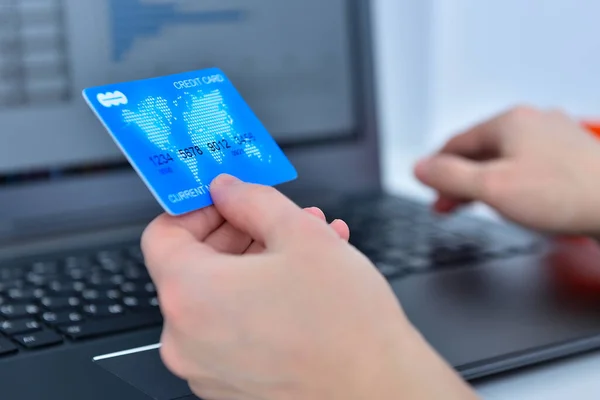 Woman Hands Holding Blue Credit Card Purchasing Products Online Online — Photo