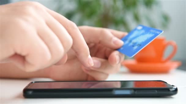 Hände Geben Kreditkartendaten Das Kaufende Smartphone Ein Online Shopping Und — Stockvideo