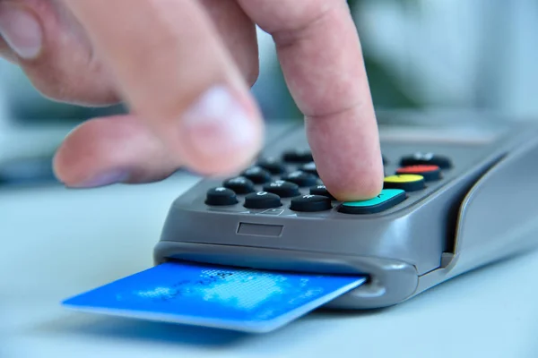 Hand Dials Pin Code Pos Terminal Credit Card Payment Credit — Stock Photo, Image
