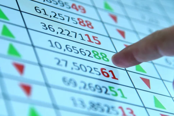 Επιχειρηματίας Δάχτυλο Δείχνει Την Οικονομική Στατιστική Στην Ψηφιακή Οθόνη Χρηματοπιστωτικό — Φωτογραφία Αρχείου