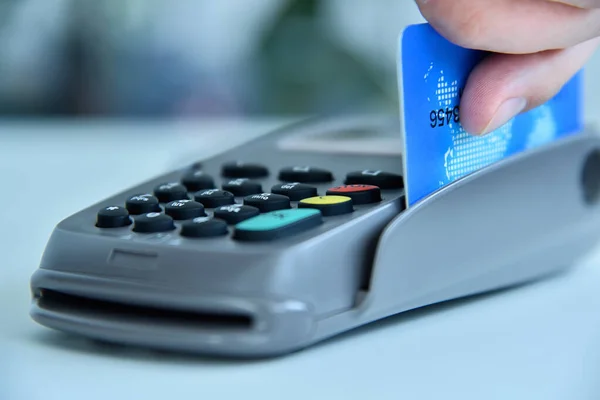 Pay Money Credit Card Spending Money Pos Terminal Transaction Pay — Stock Photo, Image