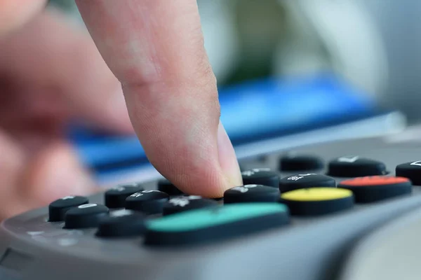 Finger Dials Pin Code Terminal Transaction Pay Shopping Concept Close — Stock Photo, Image