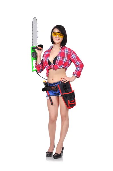 Girl holding chainsaw — 图库照片