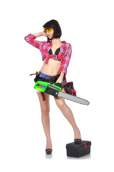 Beautiful girl holding chainsaw — Stock Photo, Image