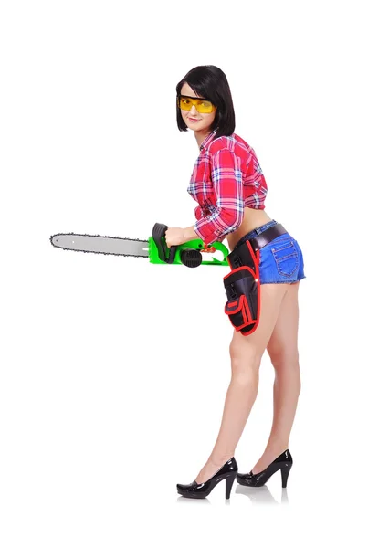 Sexy girl with chainsaw — Stock Photo, Image