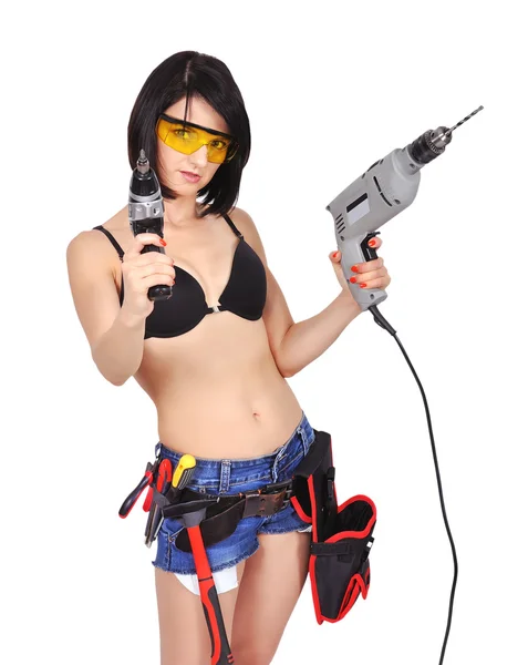 Girl with two electric drill — Stock Photo, Image