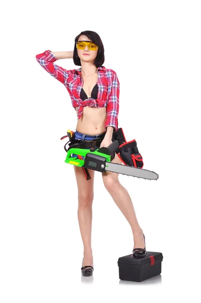 Girl with chainsaw — Stock Photo, Image