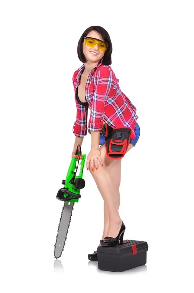 Meisje met chainsaw — Stockfoto