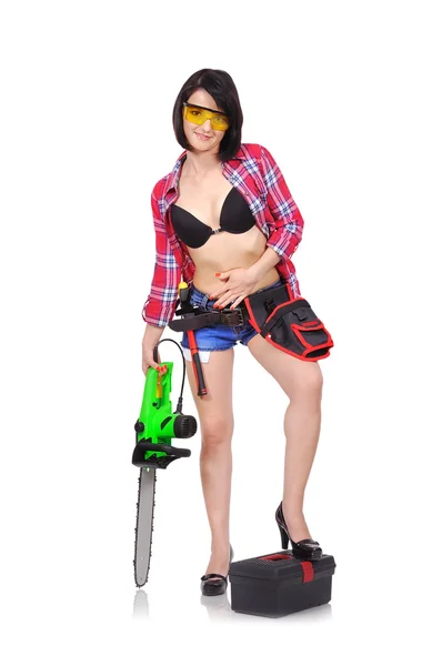 Meisje met chainsaw — Stockfoto