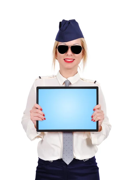 Stewardess holding touch pad — Stock Photo, Image