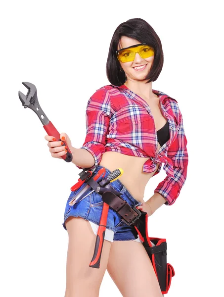 Girl with wrench — Stock Photo, Image