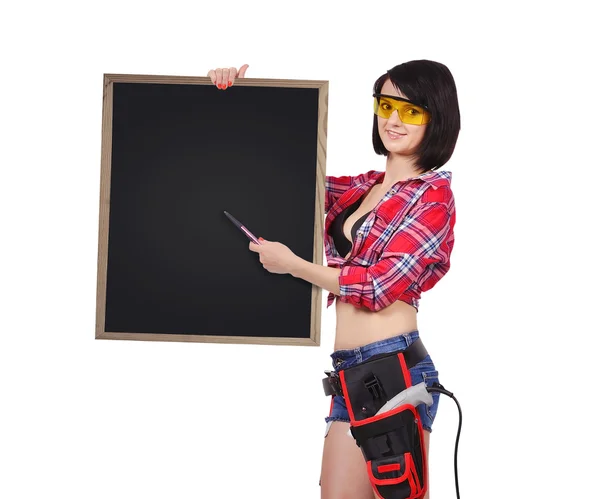 Woman holding blank chalkboard — Stock Photo, Image