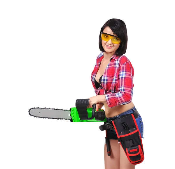 Meisje met chainsaw — Stockfoto