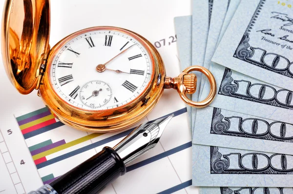 Watch, pen and dollars — Stock Photo, Image