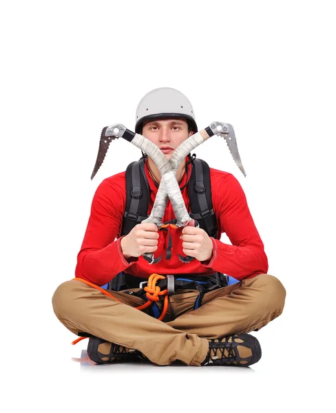 Hiker sitting with ice axe — Stock Photo, Image