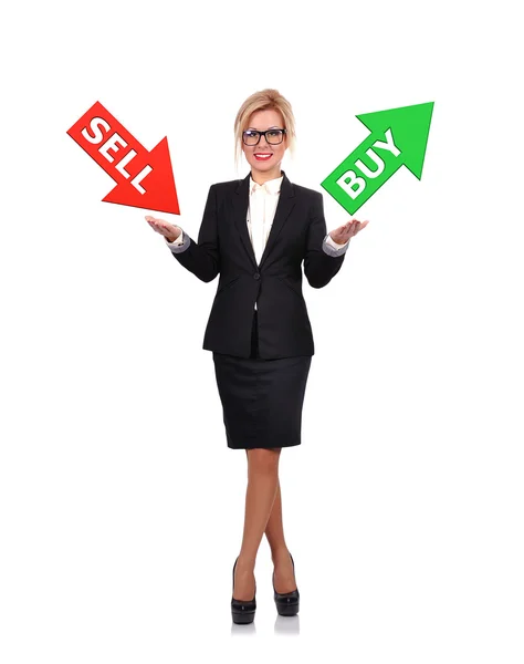Businesswoman holding sell or buy — Stock Photo, Image