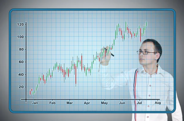 Unternehmer zeichnet Kerzendiagramm — Stockfoto