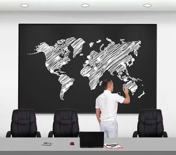 Homme d'affaires dessin carte du monde — Photo
