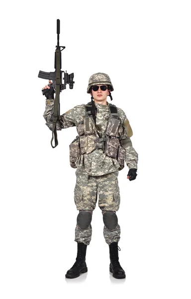 Soldier raised his rifle up — Stock Photo, Image