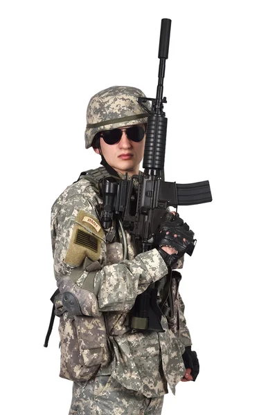 Soldier raised his rifle up — Stock Photo, Image