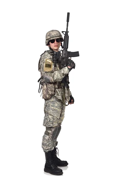 Soldier raised his rifle up — Stock Photo, Image