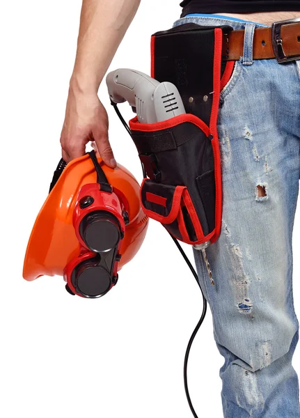 Işçi toolbelt ve helme ile — Stok fotoğraf