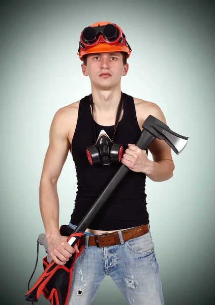 Worker man with ax — Stock Photo, Image