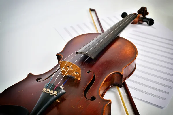 Old violin on notes — Stock Photo, Image