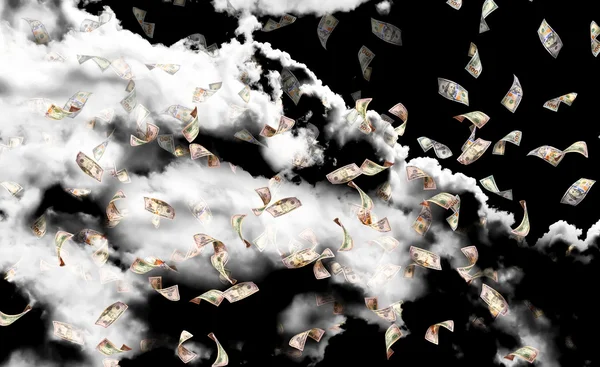 Latający wiele dolarów rachunki na tle ciemnego nieba — Zdjęcie stockowe