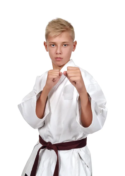 Karate jongen met bruine riem — Stockfoto