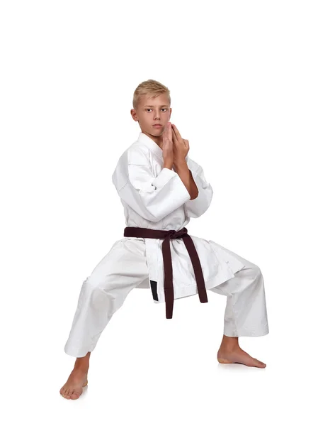 Karate fiú harci helyzetben — Stock Fotó