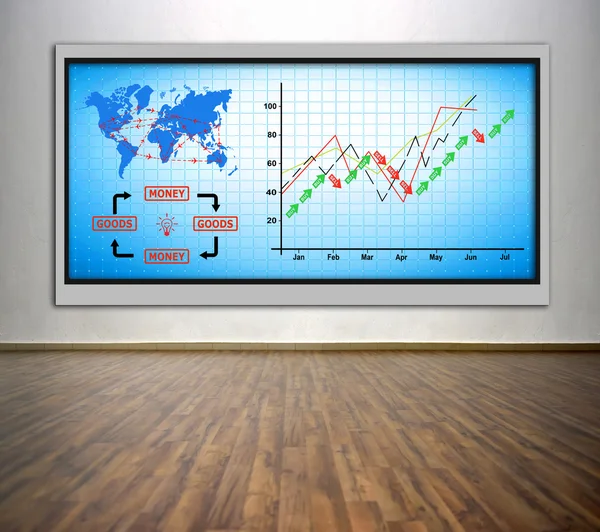 等离子电视与图表和空中旅行计划 — 图库照片