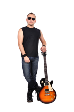 Bir rockçı elinde gitarla tam yükseklikte duruyor. Müzik ve sanat konsepti