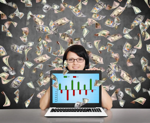 Businesswoman holding laptop with business chart — Stock Photo, Image