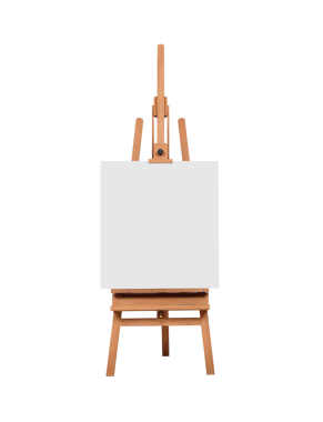 Boş beyaz tuval, sehpanın bir modeli, ahşap durak, şeffaf bir arka planda izole. Sanat ve tasarım konsepti