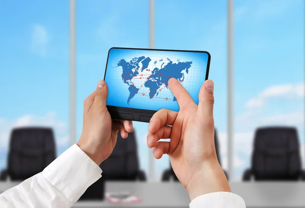 Tablet pc with air travel plan — Stock Photo, Image