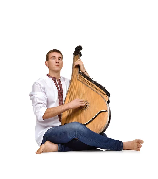 Portrait of Kobzar singing to his own accompaniment on bandura — Stock Photo, Image