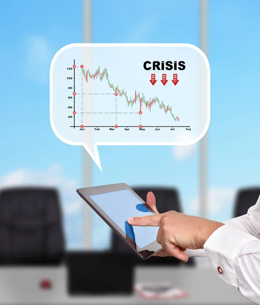 Businessman touching tablet and  think box with srisis chart — Stock Photo, Image