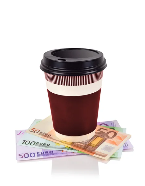 Taza de café y billetes en euros — Foto de Stock