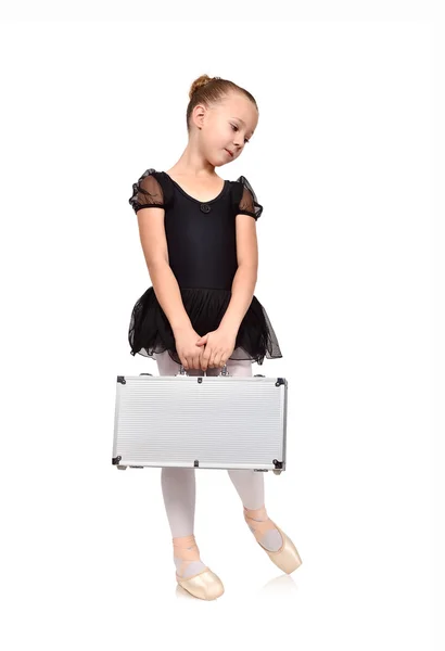 Bailarina em tutu preto com caso — Fotografia de Stock