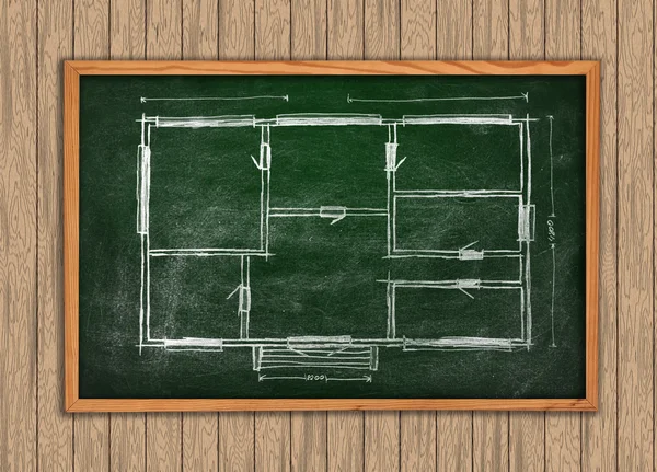 绿色黑板上用木墙上绘制蓝图 — 图库照片