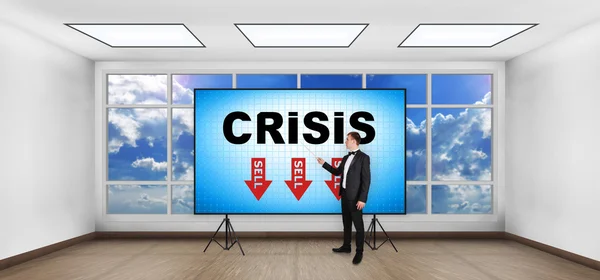 Businessman with pointer standing in room and showing crisis symbol on screen — Stock Photo, Image