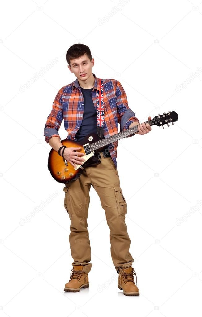 Rocker musician is playing electrical guitar