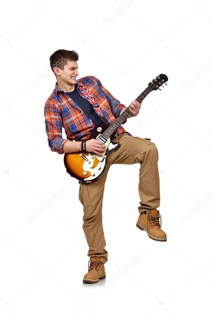 young man in shirt with guitar