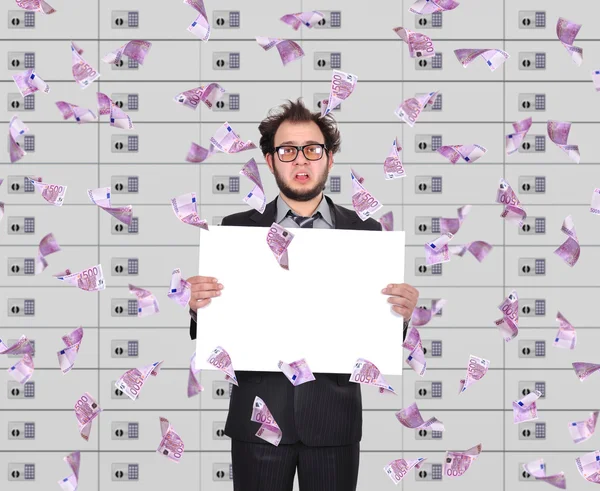 Frustrated trader holding blank poster — Stock Photo, Image